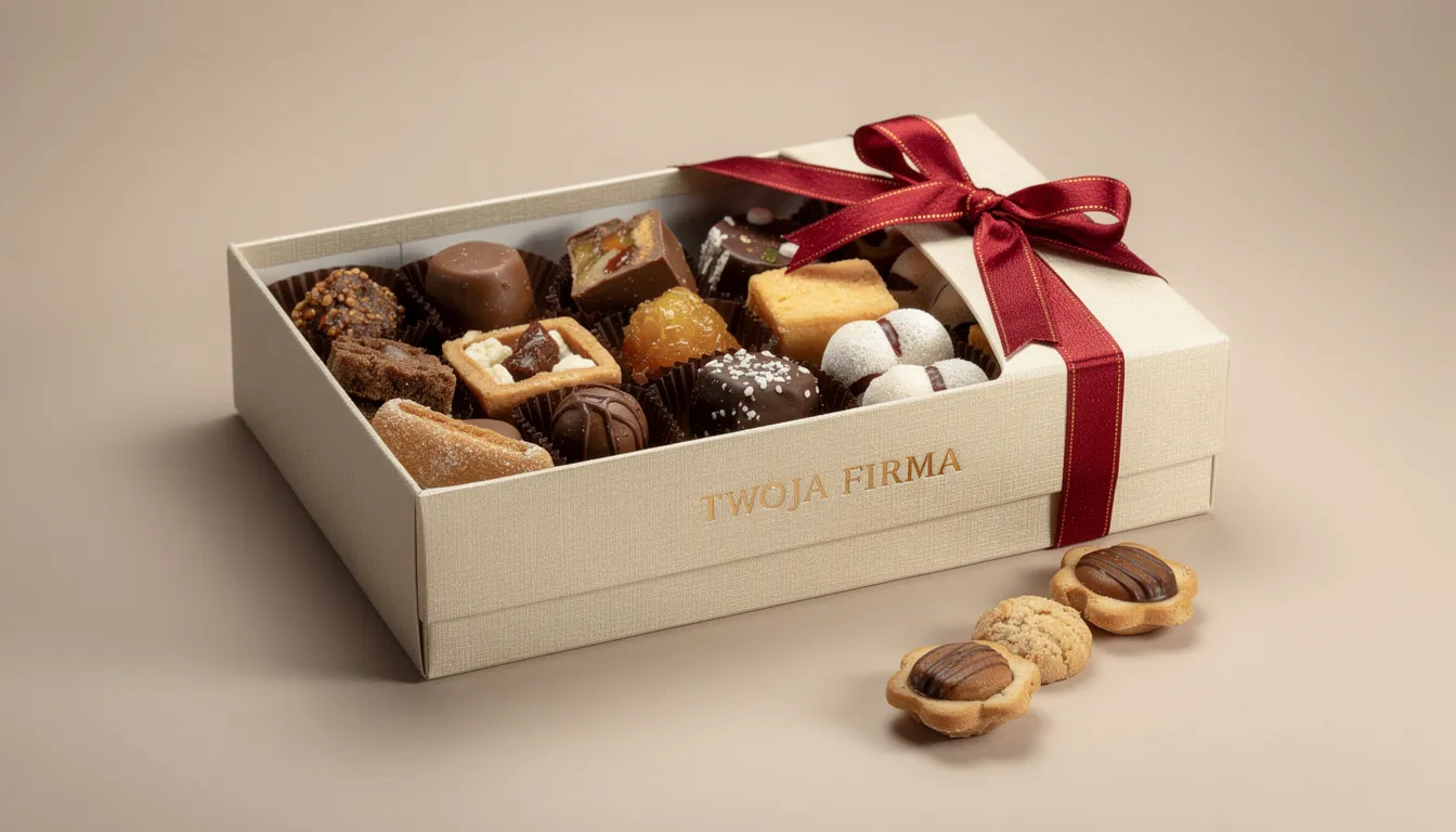 Na zdjęciu widoczne jest eleganckie pudełko ze słodyczami, ozdobione logo firmy oraz świąteczną wstążką. Wewnątrz znajdują się różnorodne wielkanocne słodycze, takie jak czekoladowe jajka i zajączki, które idealnie sprawdzą się jako upominki na święta.