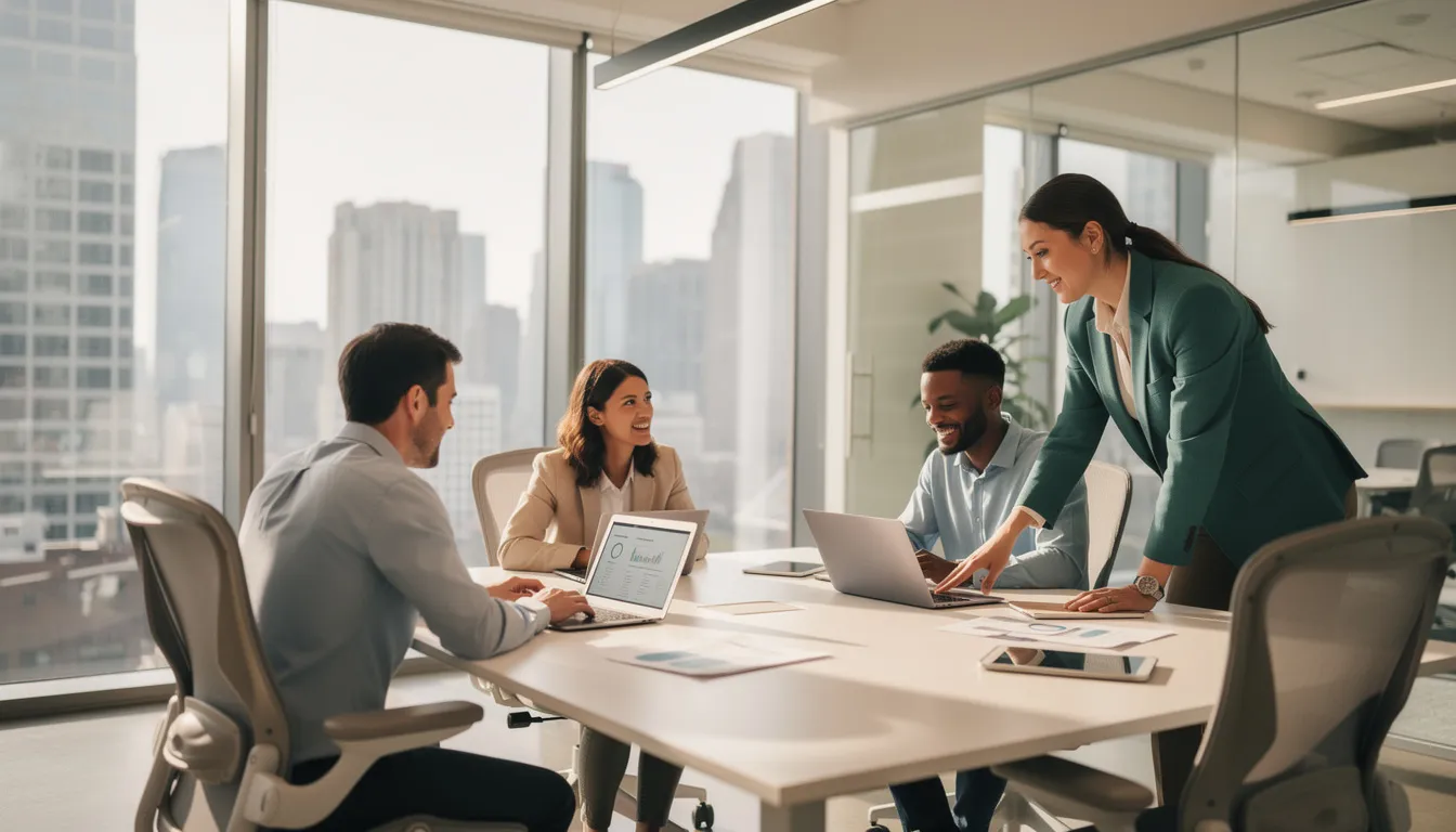 The image depicts a professional team collaborating in a modern office setting, engaged in discussions about venture capital investments and strategies for emerging growth companies. Their teamwork reflects a focus on corporate governance and the legal aspects of funding rounds, essential for startups and venture-backed companies.