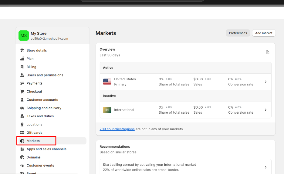 Shopify dashboard - Market settings