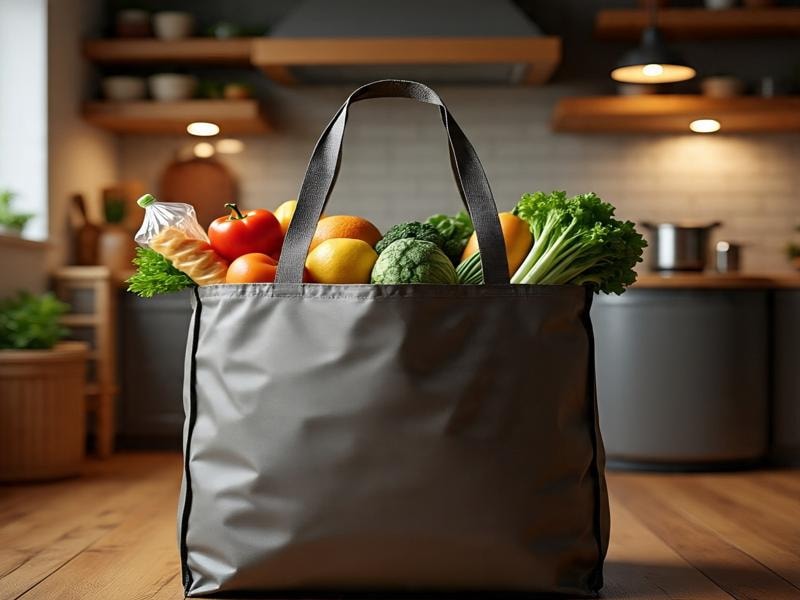 An image showing a gray recycled shopping bag full of fresh vegetables and fruits on a wooden kitchen floor with shelves in the background.