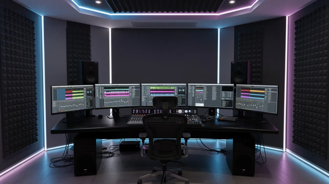 Das Bild zeigt ein modernes Tonstudio, ausgestattet mit mehreren großen Bildschirmen, die Wellenform-Darstellungen anzeigen. Die futuristische Beleuchtung schafft eine kreative Atmosphäre für Künstler, die an ihren Musikprojekten arbeiten.