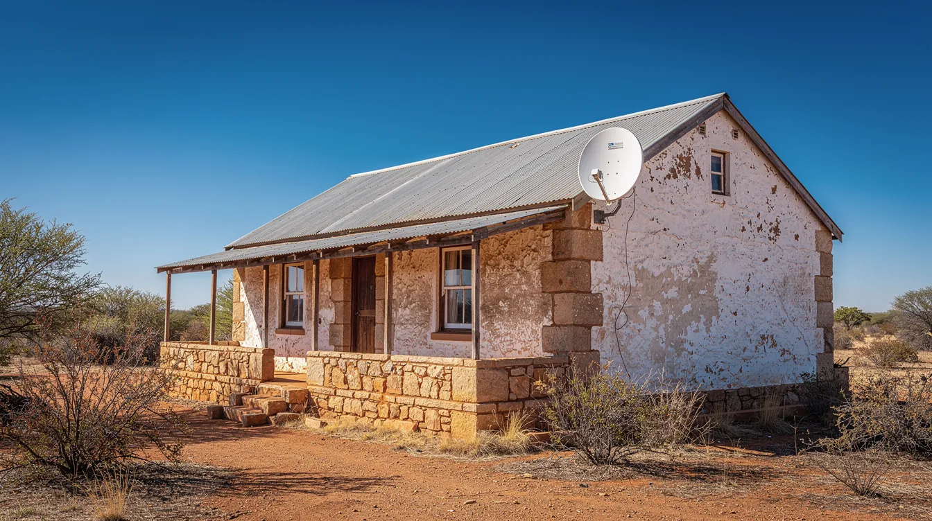 A satellite dish is mounted on the exterior of a traditional Karoo-style stone and plaster home, set against a clear blue sky, showcasing a typical South African installation. This image represents a professional DSTV installation, highlighting the importance of qualified DSTV installers in providing optimal signal strength for an enhanced TV viewing experience.