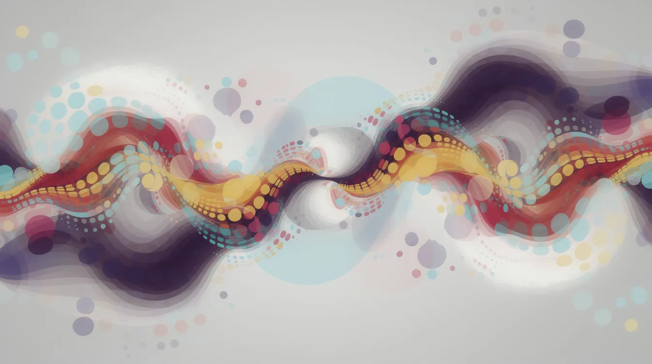 The image features an abstract composition filled with vibrant, colorful patterns, layered dots, and organic flowing shapes, reminiscent of contemporary Australian art. This dynamic artwork invites viewers to explore its intricate details and lively forms, reflecting the creativity and innovation found in modern Australian artistic expressions.