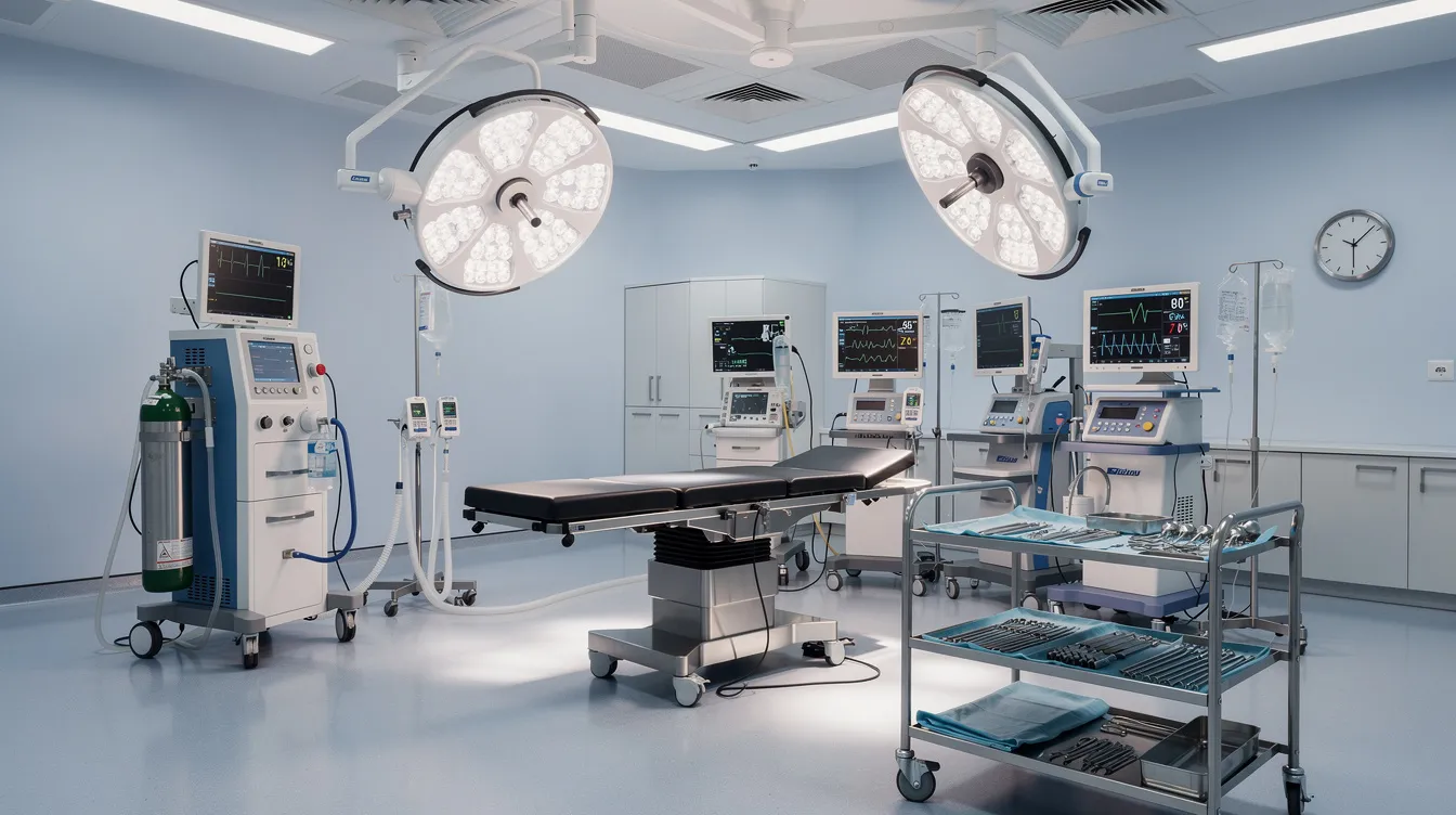 3b587a10 ba53 4a5f 976e 1df5c852a936 The image shows a hospital operating theatre equipped with advanced medical equipment, including bright surgical lights and monitoring devices, essential for providing quality medical services to critically ill patients. This setting reflects the structured public health system aimed at rendering proper treatment in a multi specialty hospital environment.