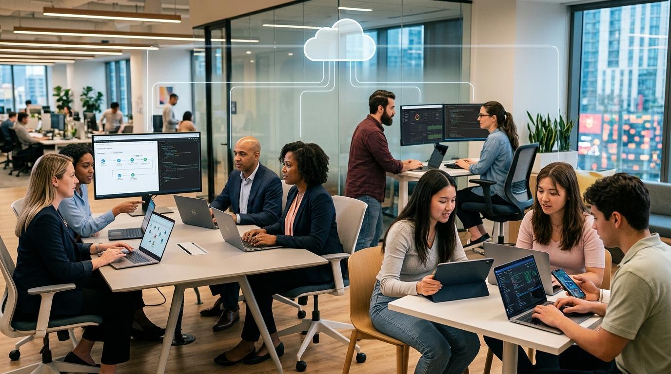 Modern cloud learning ecosystem featuring students, corporate teams, and DevOps engineers accessing hands-on virtual labs from multiple devices with seamless collaboration.
