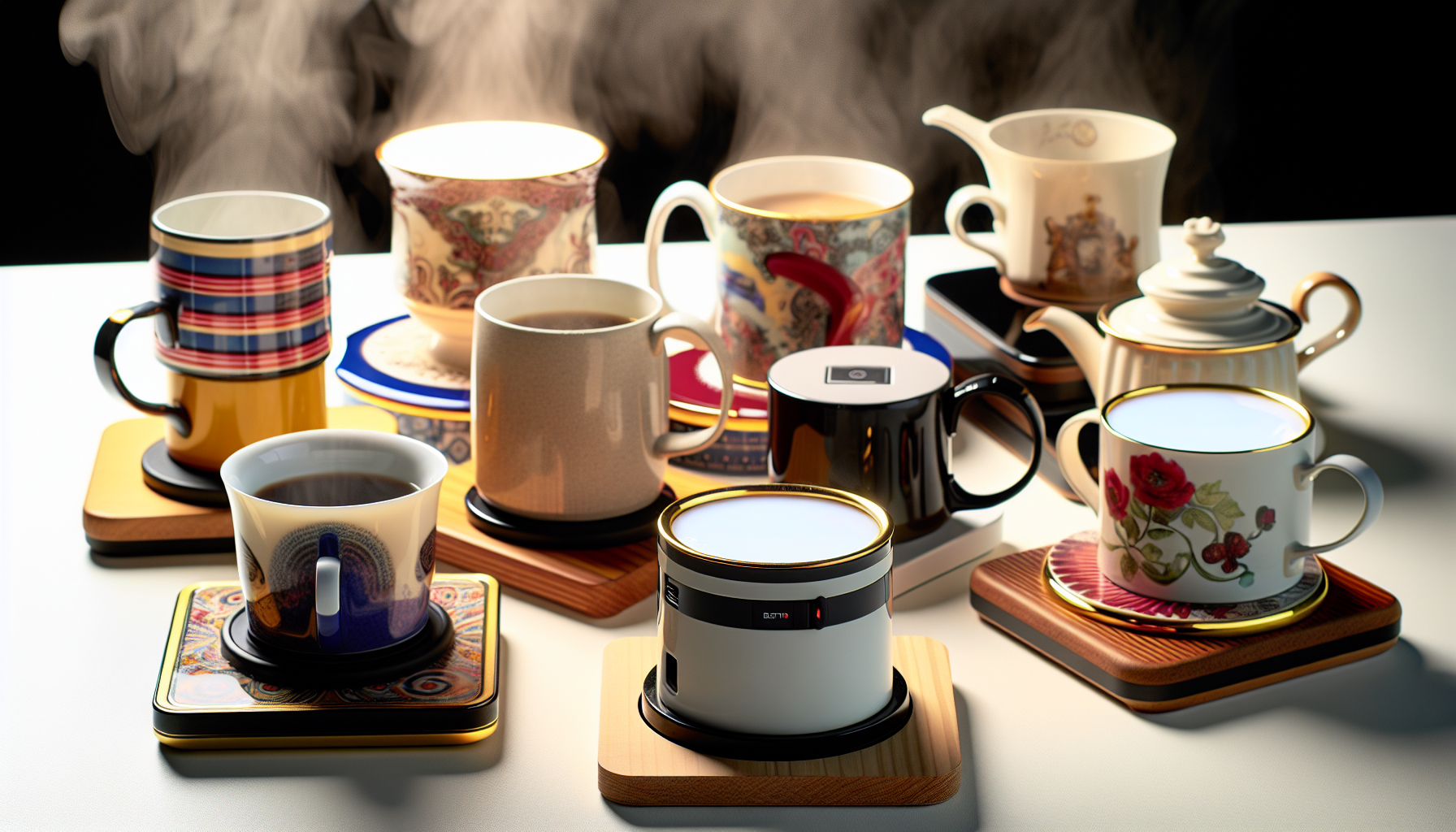 Various electric coasters with hot beverages