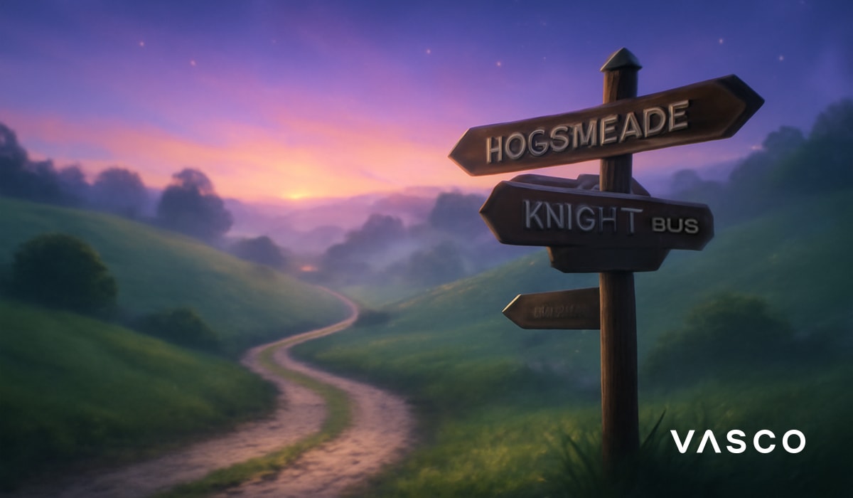 Un panneau de signalisation en bois, avec des directions vers Hogsmeade et le Knight Bus, se dresse au bord d'un chemin de terre sinueux dans une campagne verdoyante au coucher du soleil.