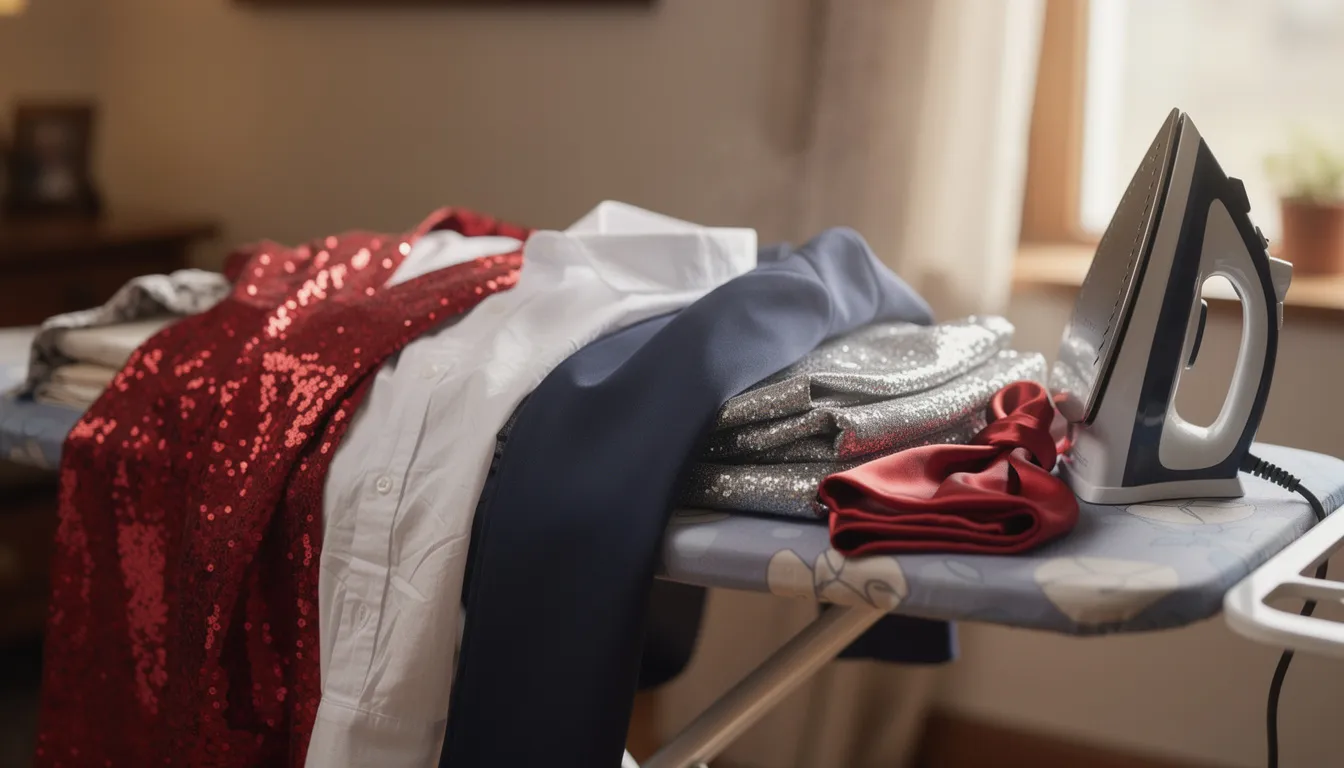 De afbeelding toont een grote stapel feestelijke kleding, waaronder jurken en hemden, die netjes gestreken moeten worden. Deze berg strijkgoed blijft groeien, wat voor drukke professionals een uitdaging kan zijn tijdens de feestdagen.