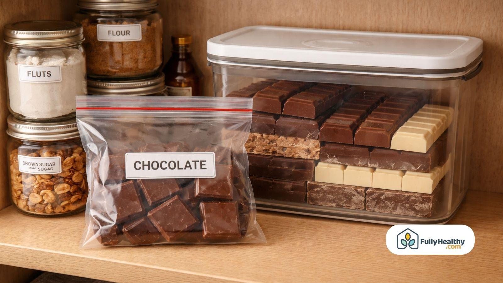 Chocolate stored in airtight container and resealable bag in kitchen