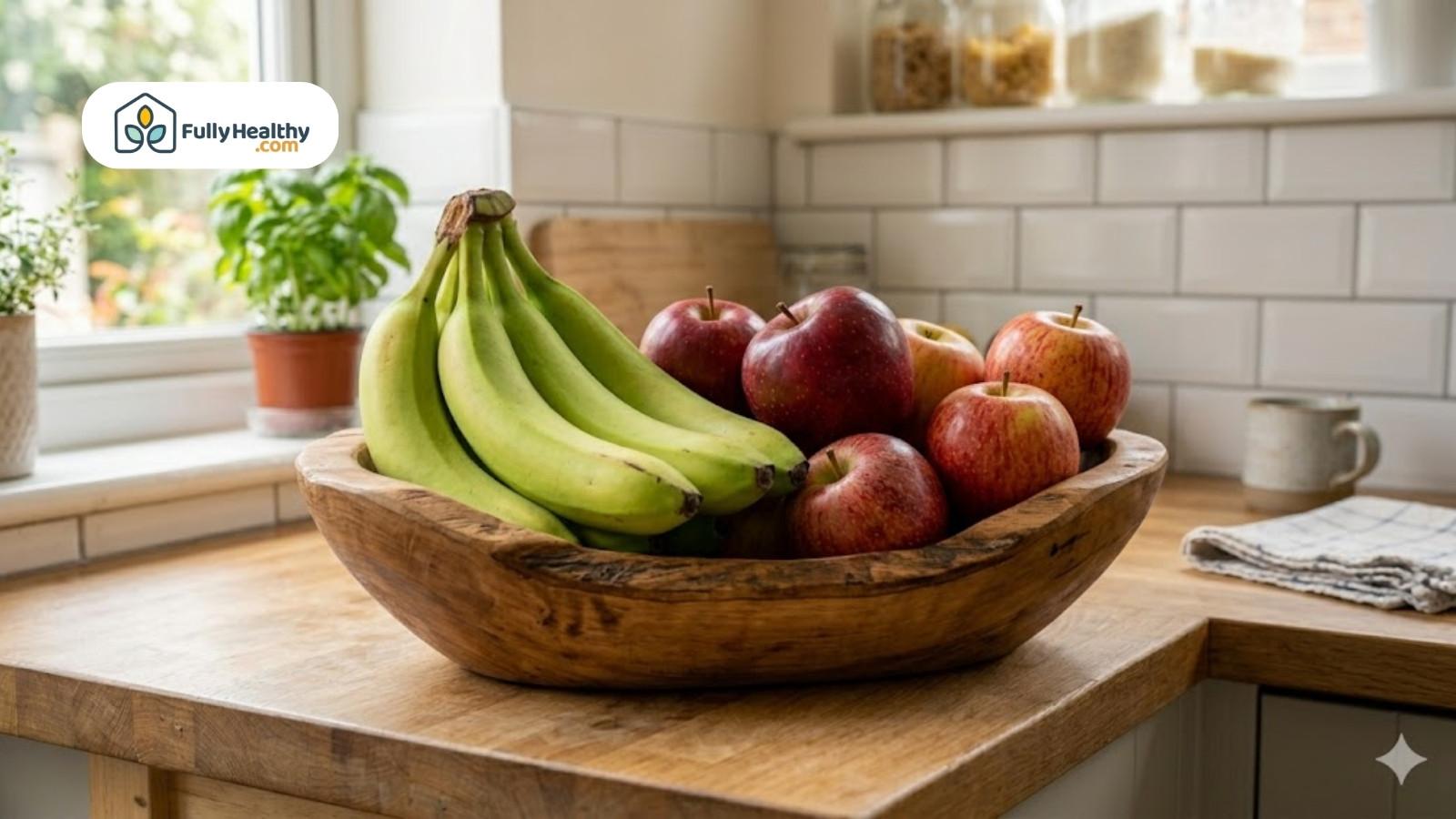 Bowl of bananas and apples on kitchen counter near window