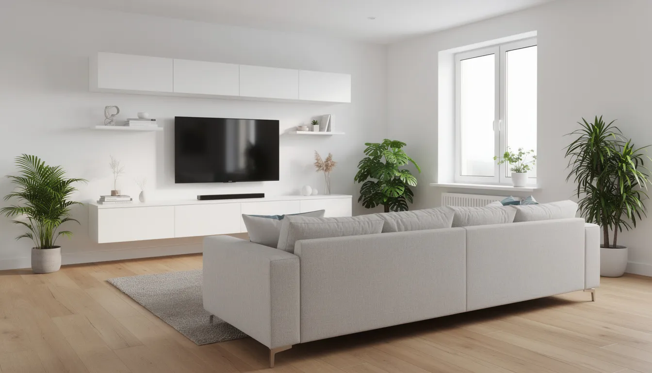 Een wit tv wandmeubel met zwevende kasten en een grote flatscreen televisie staat in een lichte woonkamer. Het meubel biedt opbergruimte met lades en planken, perfect voor het organiseren van spullen en snoeren.