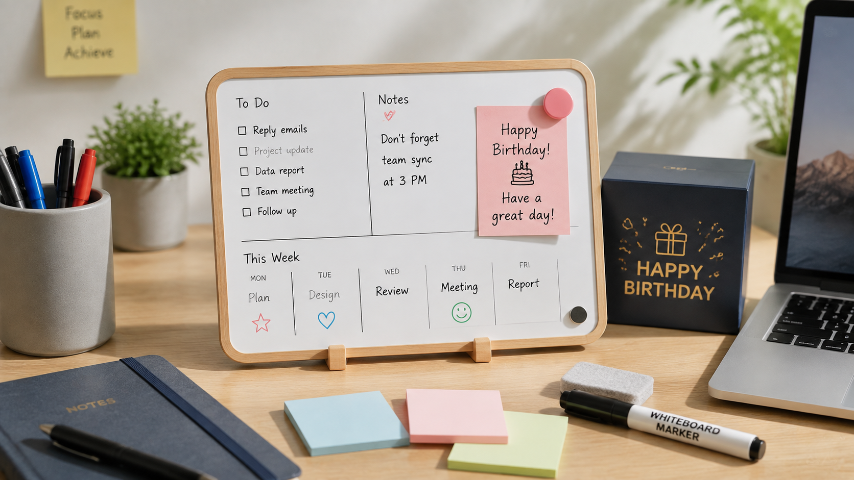 Mini desktop whiteboard planner showing tasks, meetings, reminders, and a birthday note