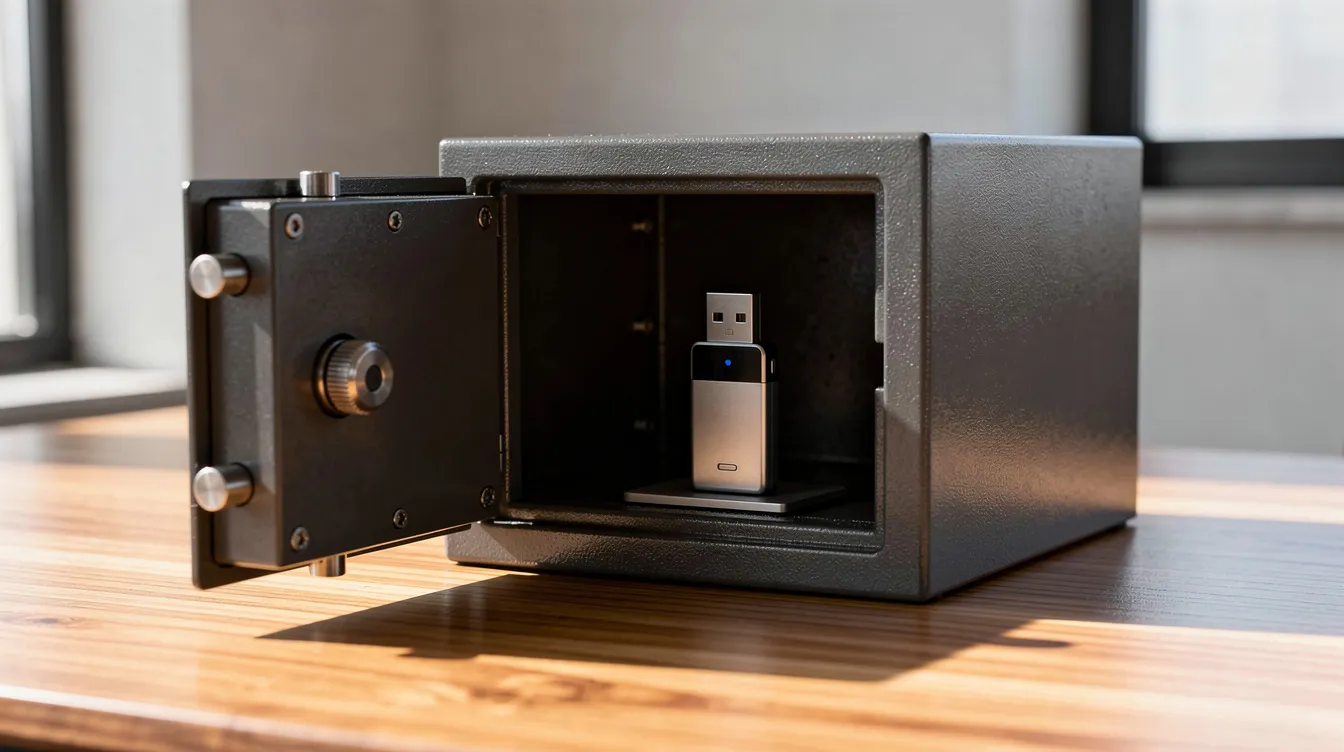Ein geöffneter kleiner Tresor steht auf einem Holzschreibtisch und enthält ein USB-ähnliches Gerät, das als Hardware Wallet für Kryptowährungen dient. Diese Art von Wallet ermöglicht die sichere Aufbewahrung von privaten Schlüsseln und bietet Schutz für Bitcoin und andere digitale Vermögenswerte.