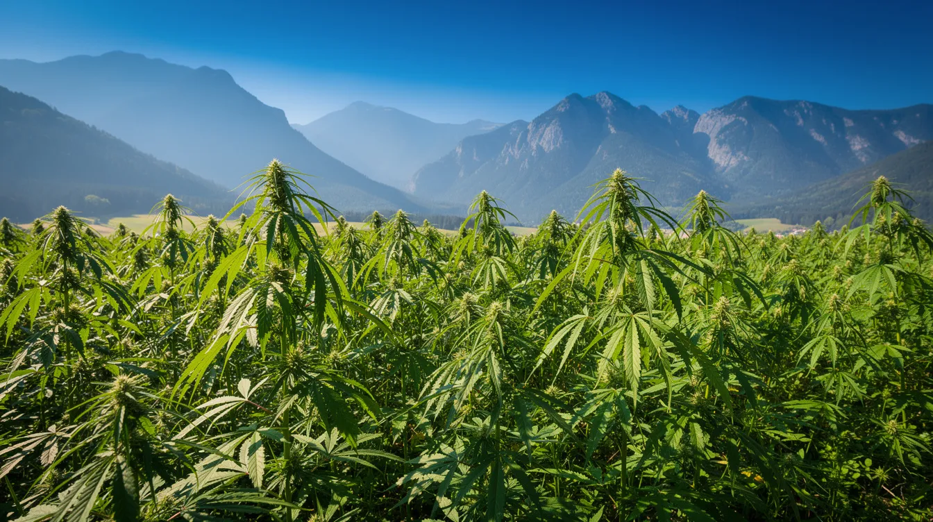 The image depicts a lush green hemp field flourishing under a clear blue sky, with majestic mountains in the background, highlighting the natural beauty of hemp cultivation. This scene emphasizes the growth of the cannabis sativa plant, which is essential for producing various hemp derived products and cannabinoids.