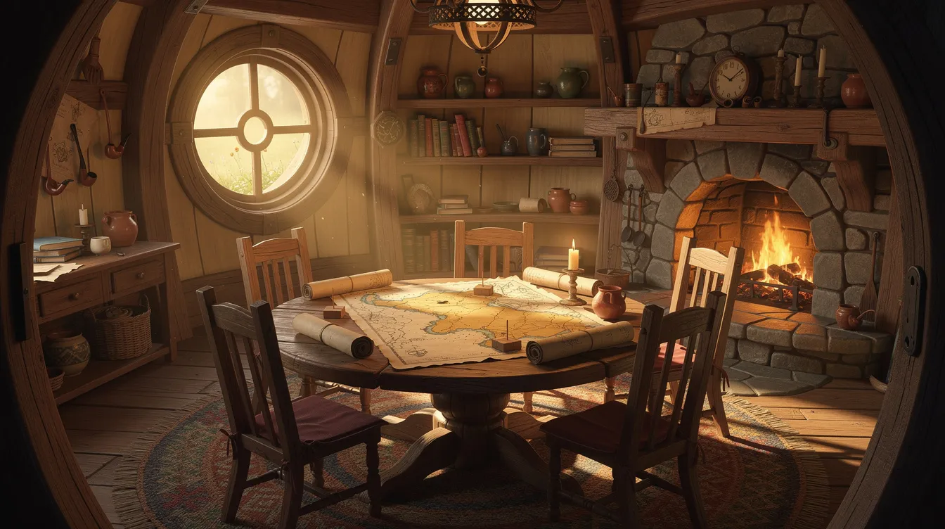 Das Bild zeigt das warme Innere eines runden Hobbit-Hauses, ausgestattet mit rustikalen Holzmöbeln und einem gemütlichen Kamin. Auf einem Tisch liegen mehrere Karten ausgebreitet, die an die Abenteuer in der Mittelerde-Saga aus "Der Hobbit" und "Der Herr der Ringe" erinnern.