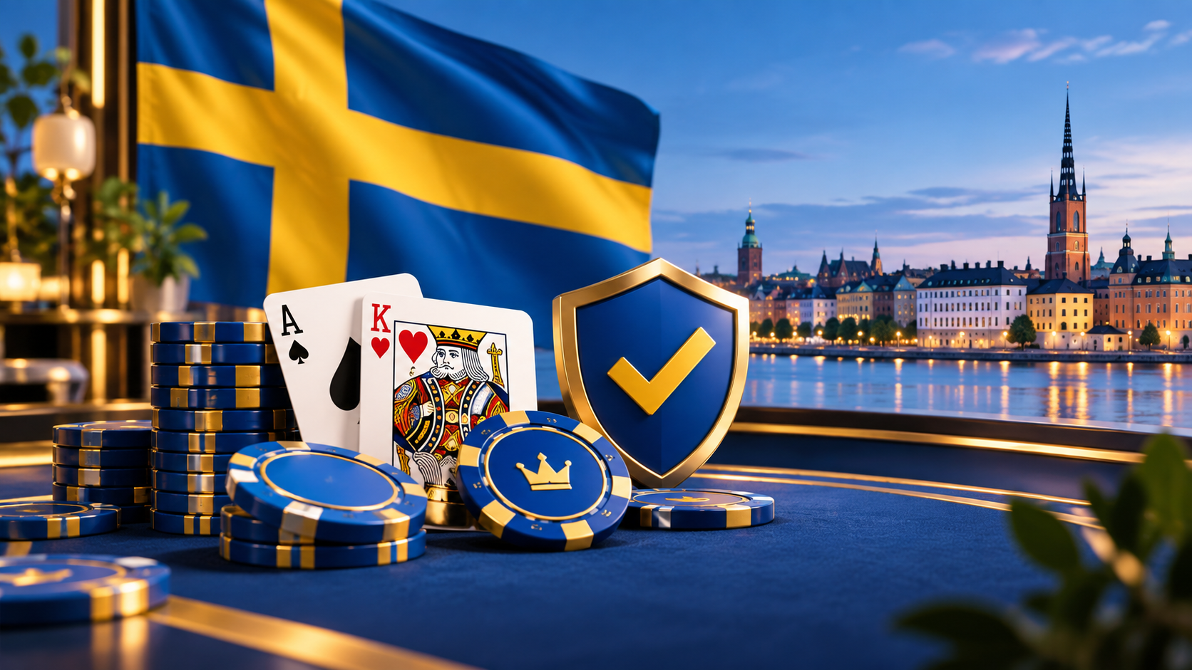 Svensk flagga, spelkort och marker framför Stockholms silhuett illustrerar ett casino med svensk licens och skattefria vinster.