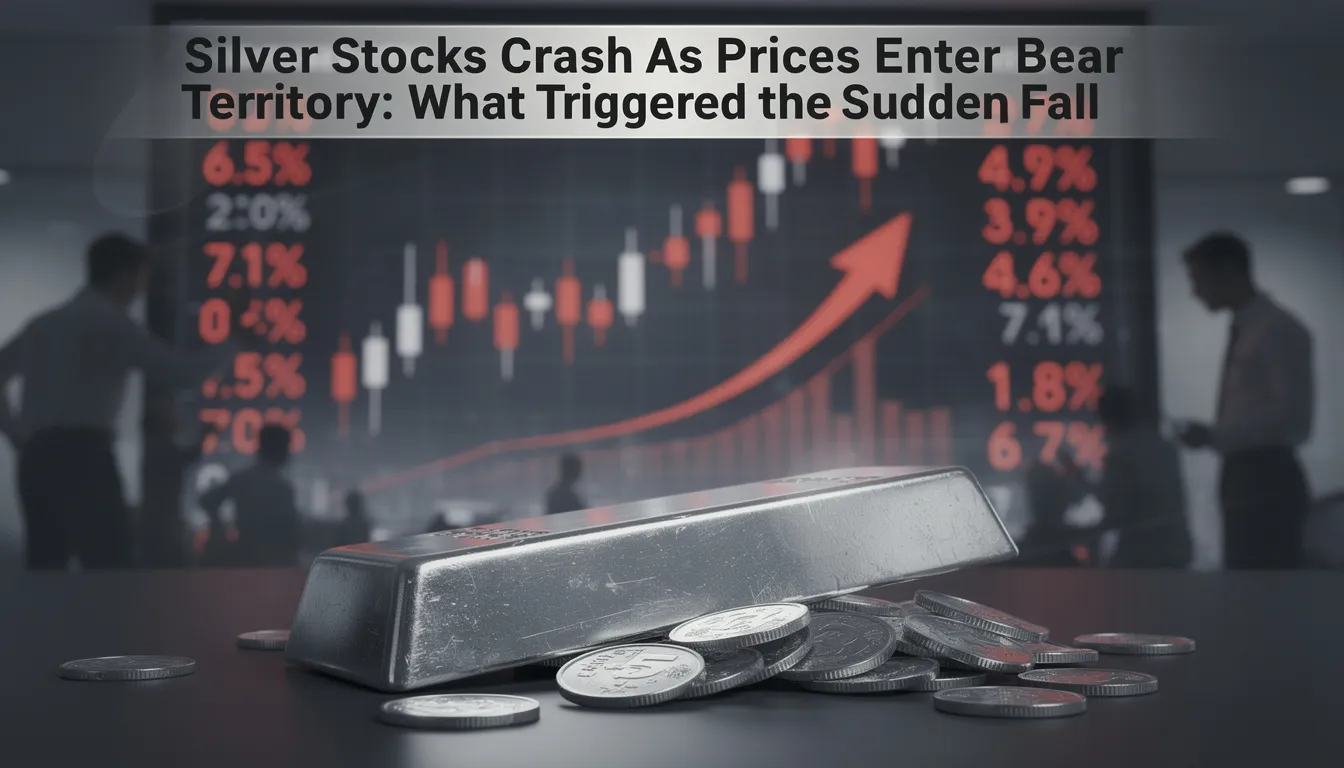 The image depicts a dramatic downward trend line on a graph representing silver prices, indicating a crash as they enter bear market territory. Accompanying visuals may include images of physical silver bars and coins, reflecting the impact on both the paper market and industrial demand for precious metals.
