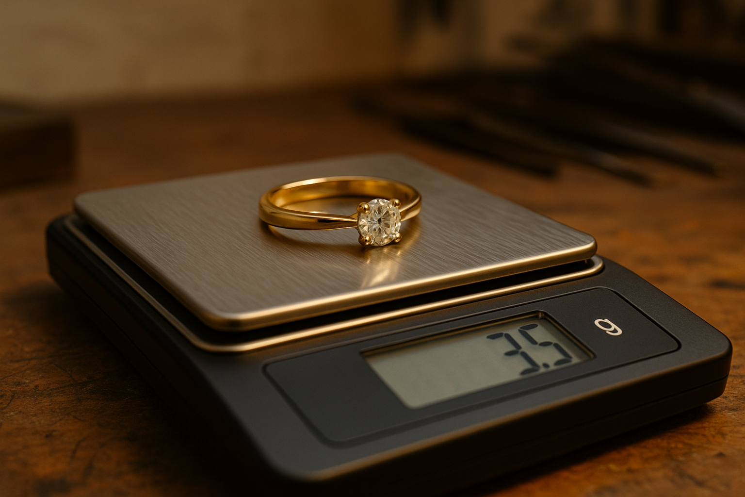 Žiedas su deimantu, rodoma aukso svoris ant svarstyklių