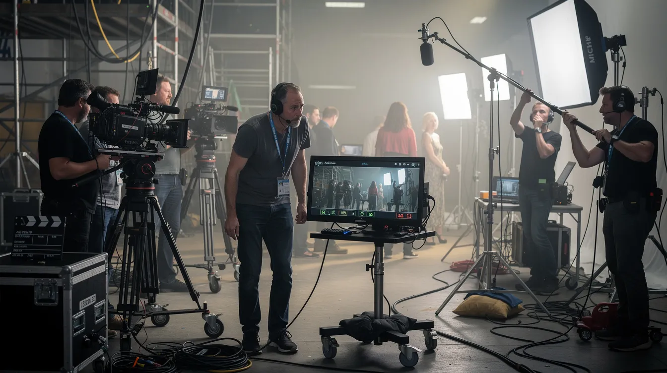 Ein Regisseur steht am Filmset und blickt konzentriert durch einen Kameramonitor, umgeben von Crew-Mitgliedern und umfangreichem Filmequipment. Die Szene vermittelt die kreative Atmosphäre eines Filmprojekts, das möglicherweise mit dem Erfolg und den Exzessen von "The Wolf of Wall Street" in Verbindung steht.