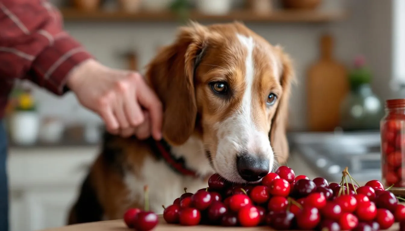 W kuchni właściciel przygotowuje czereśnie dla swojego psa, usuwając pestki, aby zapewnić mu zdrową przekąskę. Warto pamiętać, że pies może jeść czereśnie w niewielkich ilościach, ale należy unikać podawania mu pestek, które mogą być szkodliwe dla jego zdrowia.