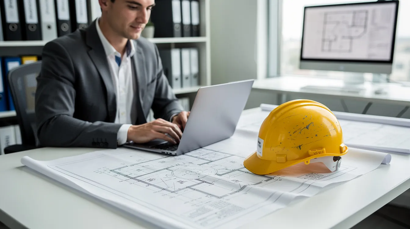A person is seated at a desk in an office, focused on a laptop while surrounded by construction blueprints and a hard hat, emphasizing the importance of accurate cost estimation in commercial construction projects. The scene illustrates the role of project managers and construction professionals in the estimating process for complex construction projects.