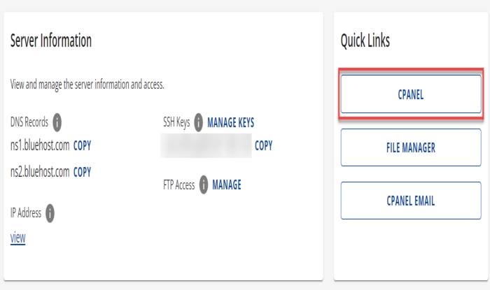 cPanel button under Quick Links section