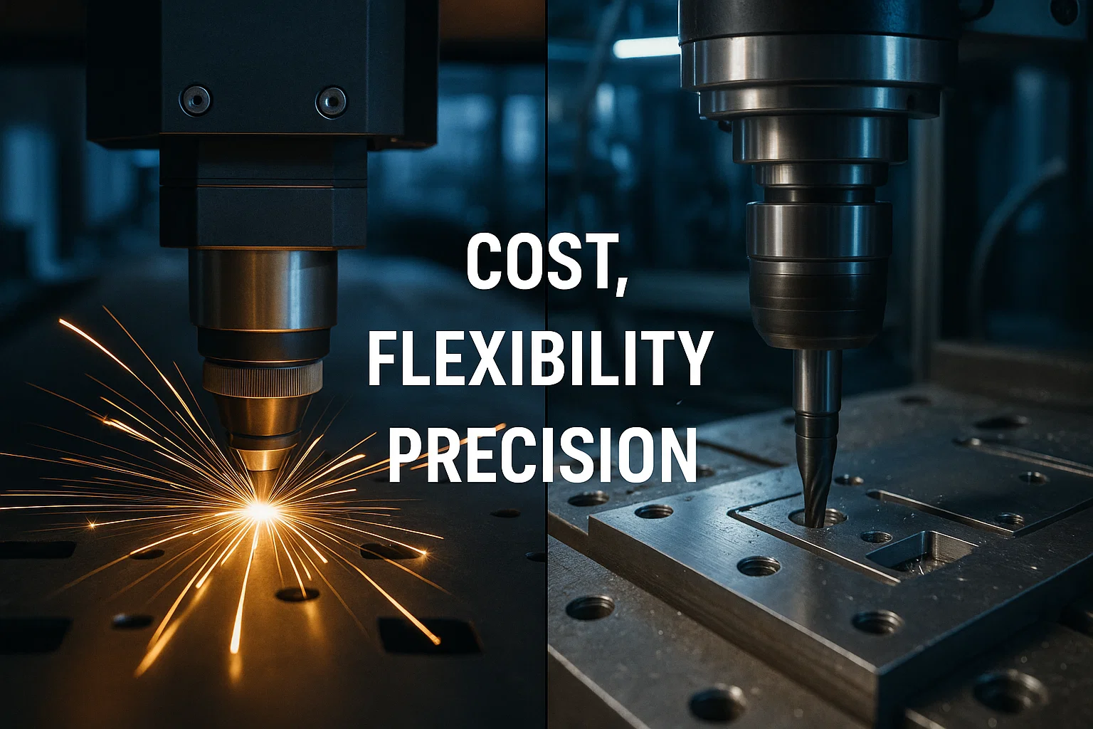 Laser cutter and CNC profiling machine operating side by side in a factory highlighting performance comparison.