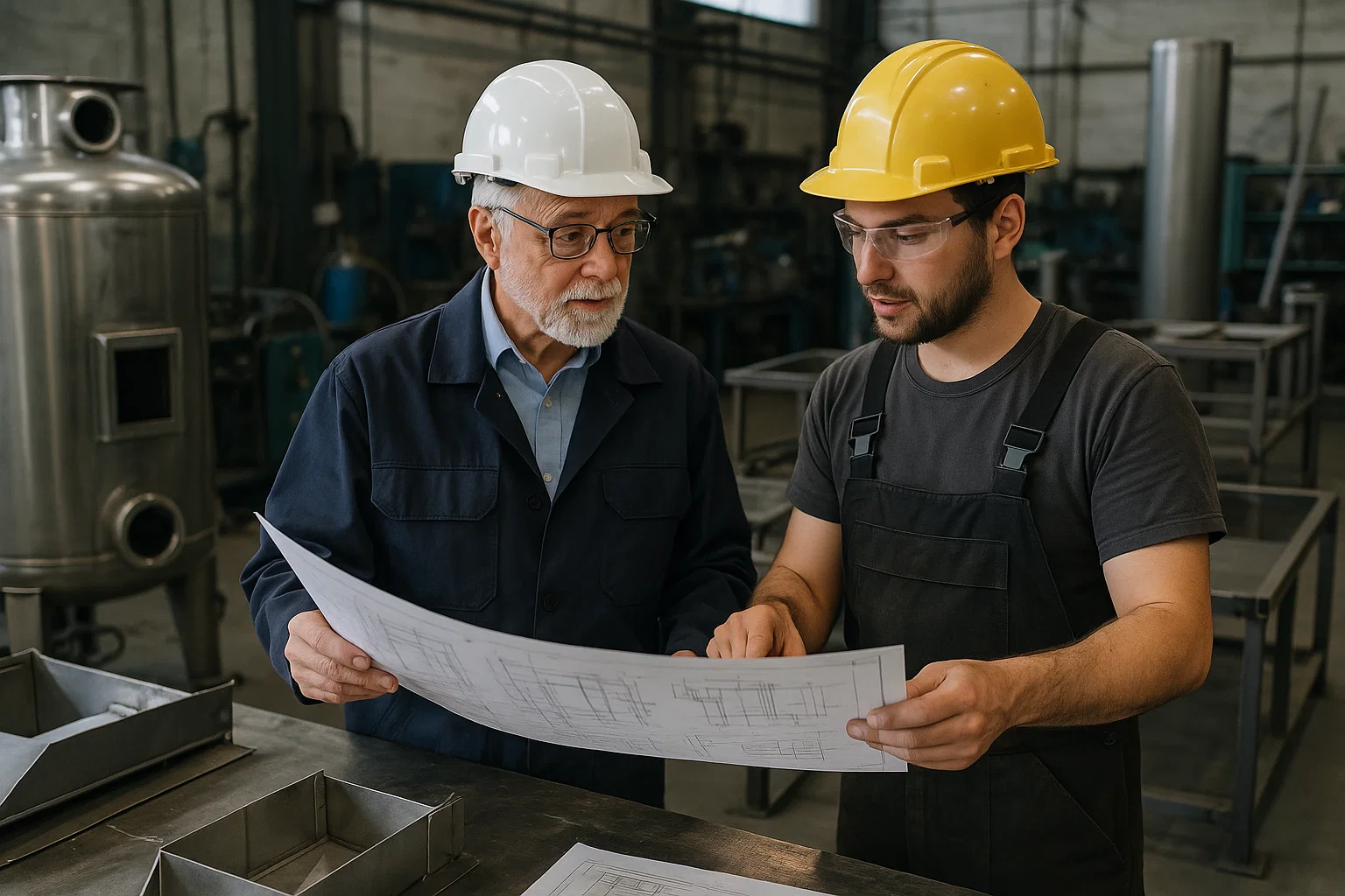 “Engineer reviewing fabrication plans in a UK industrial metal workshop”