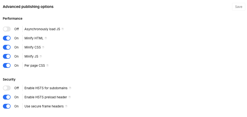 Webflow Advanced Publishing Options screen showing performance settings such as HTML, CSS, and JavaScript minification, per-page CSS enabled, and security options including HSTS preload and secure frame headers.