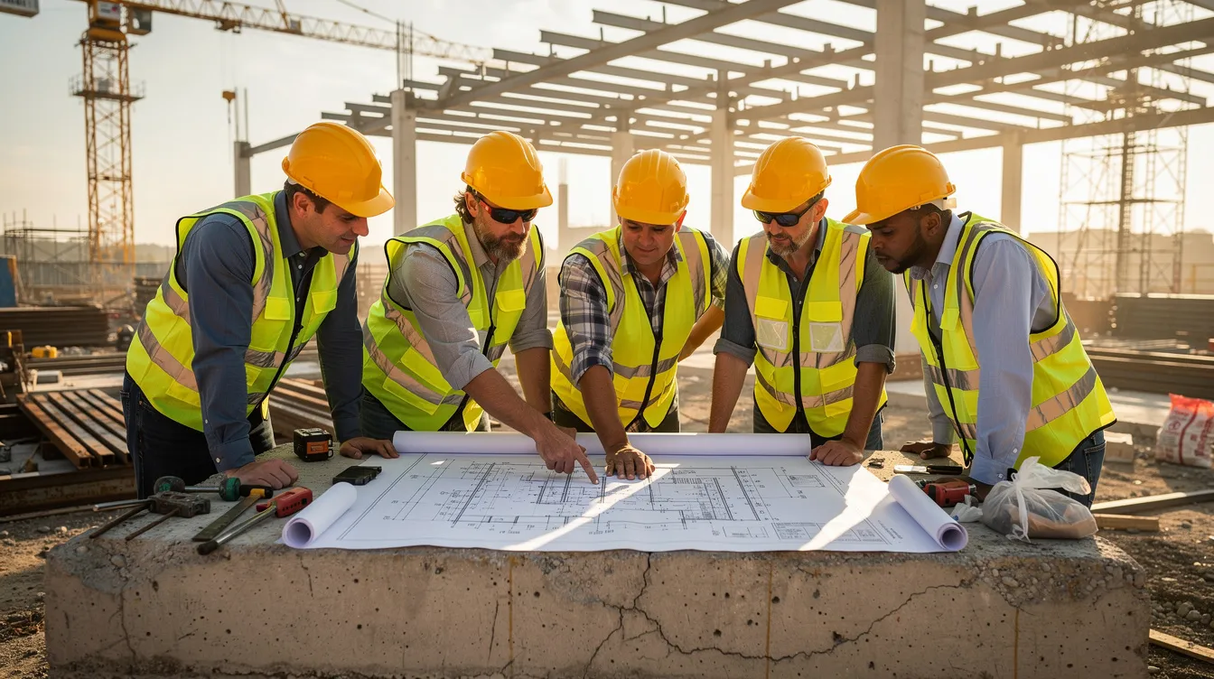 Construction team reviewing plans on a slab before concrete and drainage work in a commercial facility.