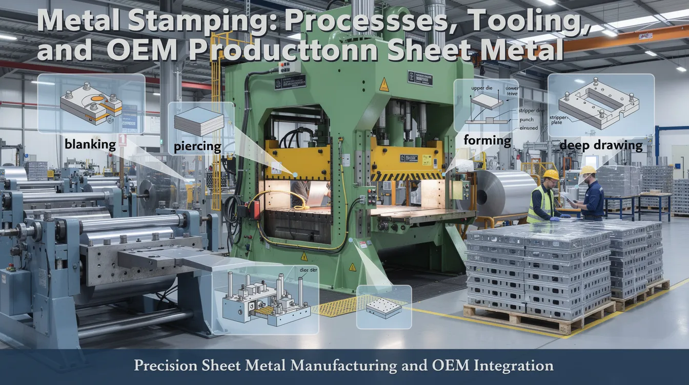 The image illustrates the metal stamping process, showcasing various stages of working with flat sheet metal to create stamped parts using a stamping press. It highlights the precision involved in shaping materials like stainless steel and aluminum through techniques such as progressive die stamping and deep drawing, essential for industries like automotive manufacturing.