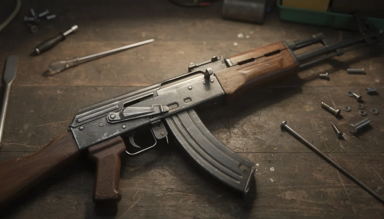 An AK-47 rifle is displayed on a workbench, showcasing its durable steel construction and blued finish, with a magazine attached that indicates its capacity for rounds. The scene evokes a sense of security and reliability, often associated with security services and protection against malicious bots.