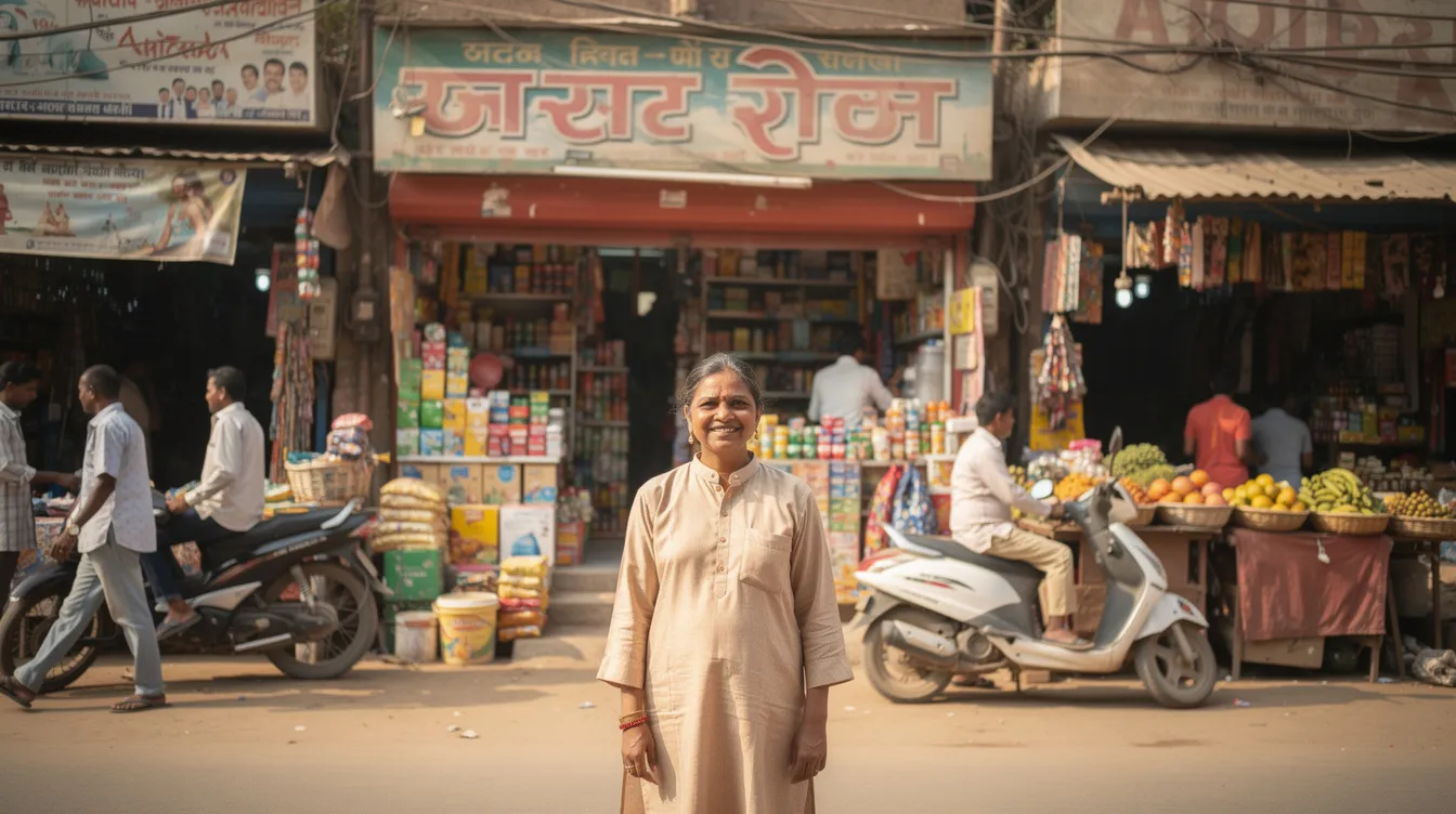 3b6ce663 b68d 4628 a2c8 4bc188c0ce1d A small business owner stands proudly in front of a vibrant retail shop in an Indian market, showcasing the essence of micro and small enterprises. This image symbolizes the potential for growth and financial assistance available through schemes like the Pradhan Mantri Mudra Yojana, which supports entrepreneurs in expanding their businesses.