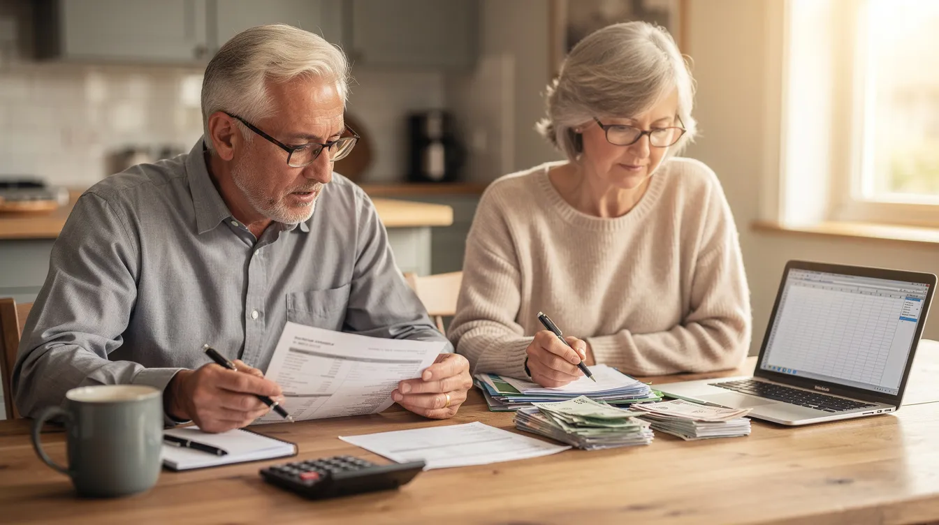 An older couple sits together at a kitchen table, reviewing financial documents with a focus on life insurance policies, including options for universal life insurance and term life insurance. They appear engaged in discussion, likely considering the cash value growth potential and coverage for their loved ones.