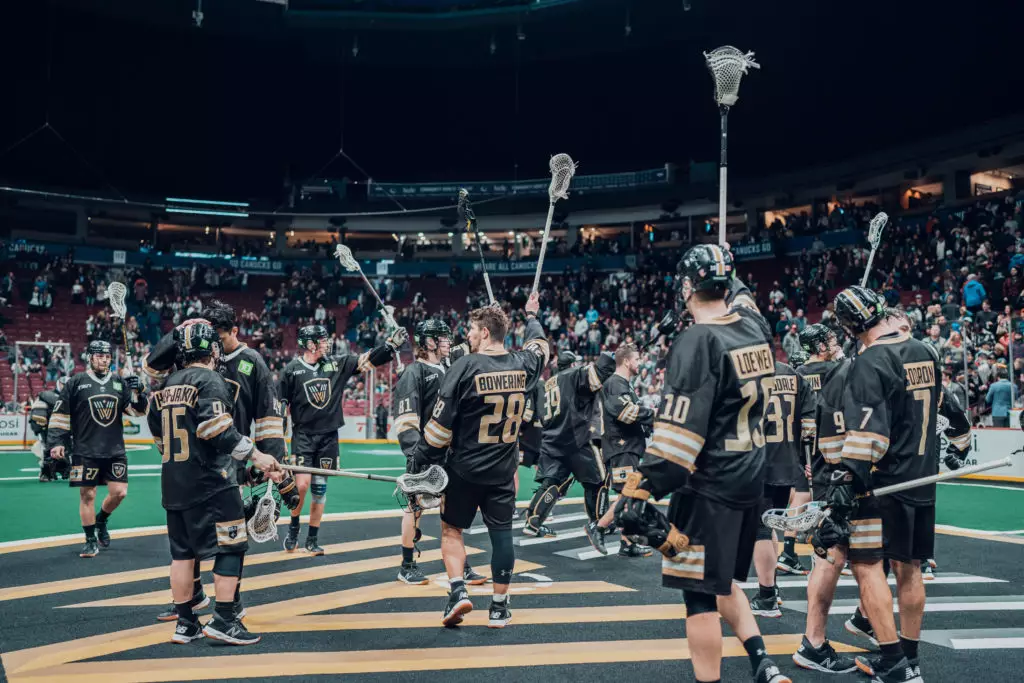 The Vancouver warriors saluting the crowd after a game at Rogers Arena in Vancouver, BC.