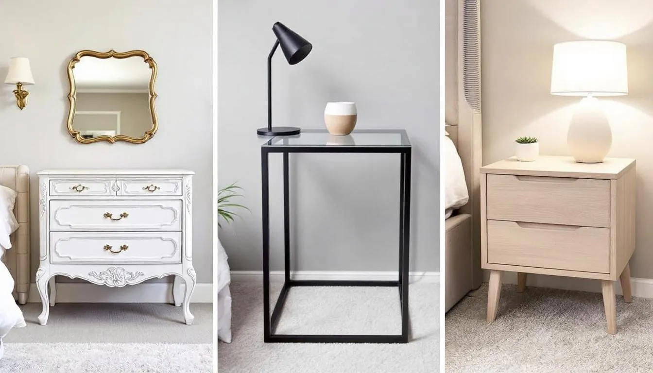 The image showcases a collection of bedside tables in various styles, including French provincial, modern minimalist, and Scandinavian designs, highlighting their unique aesthetics and functionality. Each bedside table is designed to complement bedroom decor while providing easy access to nighttime essentials and extra storage space.