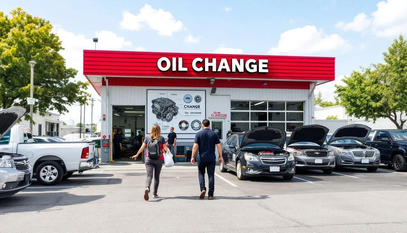 An image of an oil change business storefront featuring a prominent company logo and a display of oil change stickers. There are promotional materials visible, including coupons for oil change services, inviting customers to select their desired products and order online.