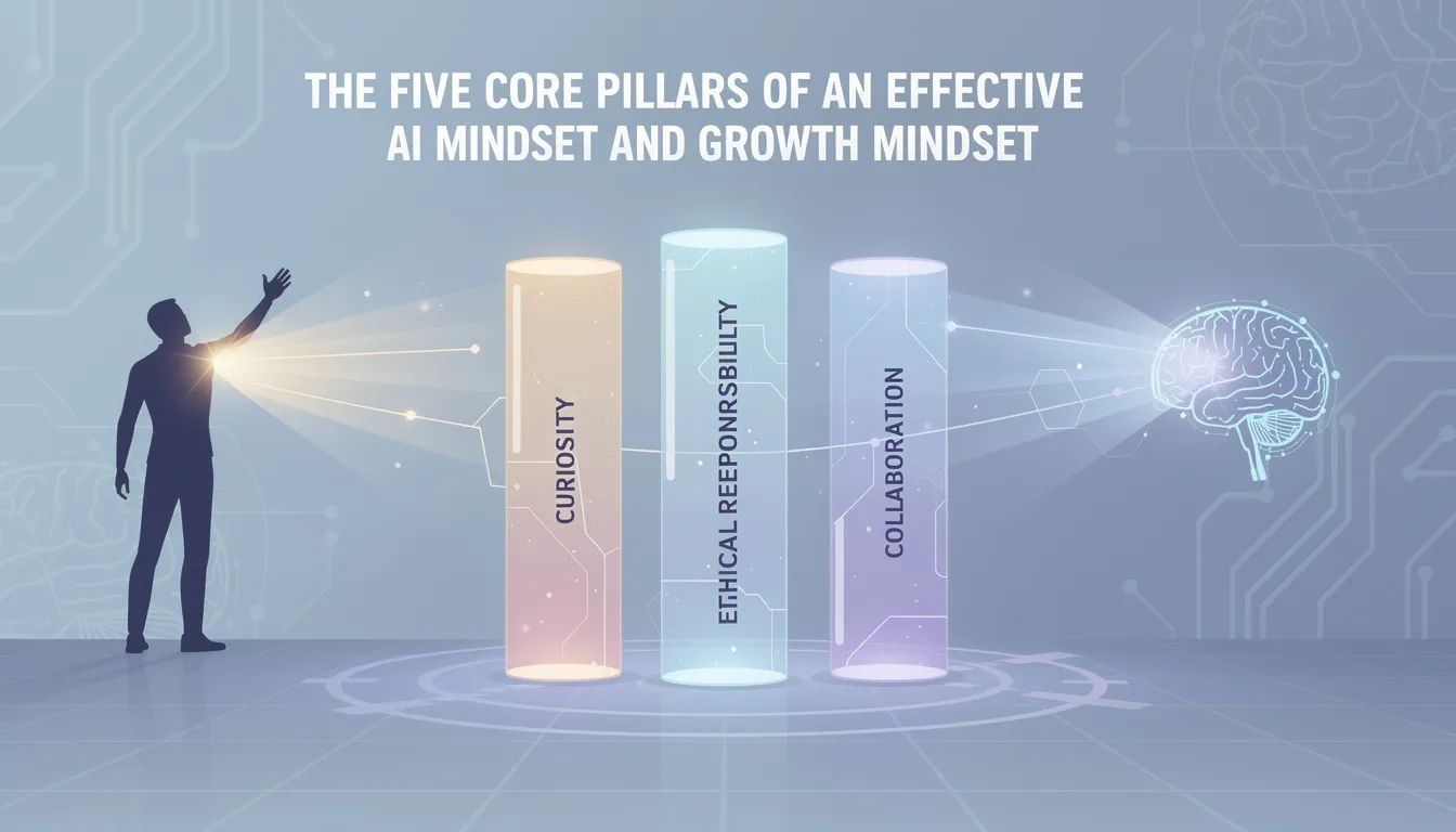 The image illustrates the Five Core Pillars of an Effective AI Mindset and Growth Mindset, showcasing concepts such as leveraging AI tools and fostering good relationships with clients. It emphasizes the importance of a growth mindset in business and life, encouraging professionals to embrace new ideas and develop their skills for future success.