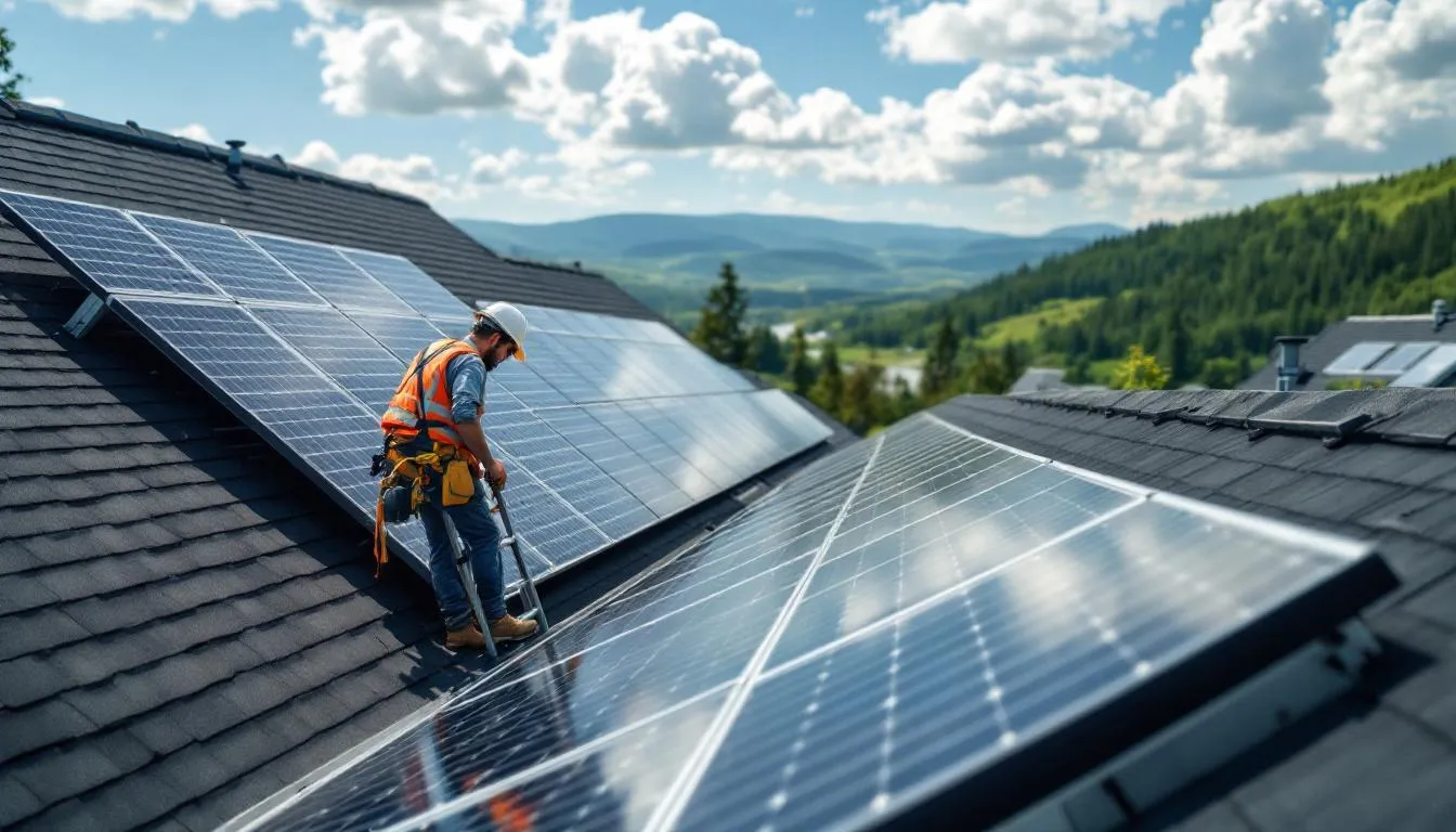 Un technicien installe des panneaux solaires photovoltaïques sur le toit d'une maison, tandis qu'en arrière-plan, se déploie le paysage pittoresque de la Gaspésie. Cette installation fait partie d'un projet d'énergie solaire visant à promouvoir l'énergie renouvelable dans la région.