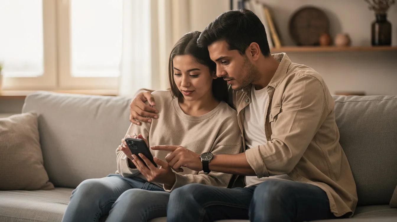 The image shows two people sitting together, with one person assisting the other in using a smartphone to navigate an app related to their immigration status. They appear to be discussing how to create a UKVI account or access their online immigration records.