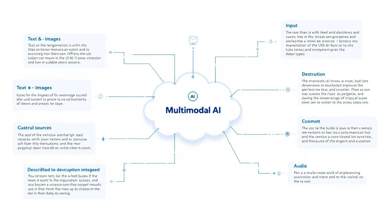 The image illustrates the concept of multimodal AI, showcasing its transformative potential across various sectors such as healthcare, education, and e-commerce. It highlights the integration of diverse data types, including text, images, and audio, which enhances decision-making and supports the development of innovative AI applications.