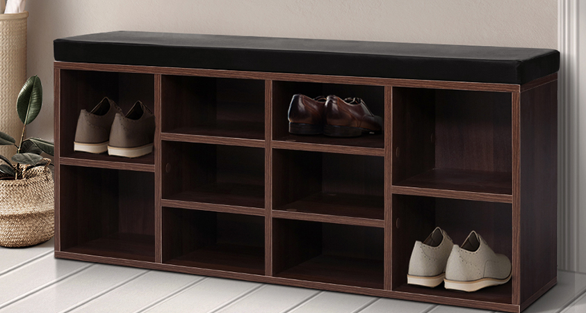 An Artiss dark wood and black shoe storage bench with ten generous compartments suitable for 10 shoe pairs of varying sizes.