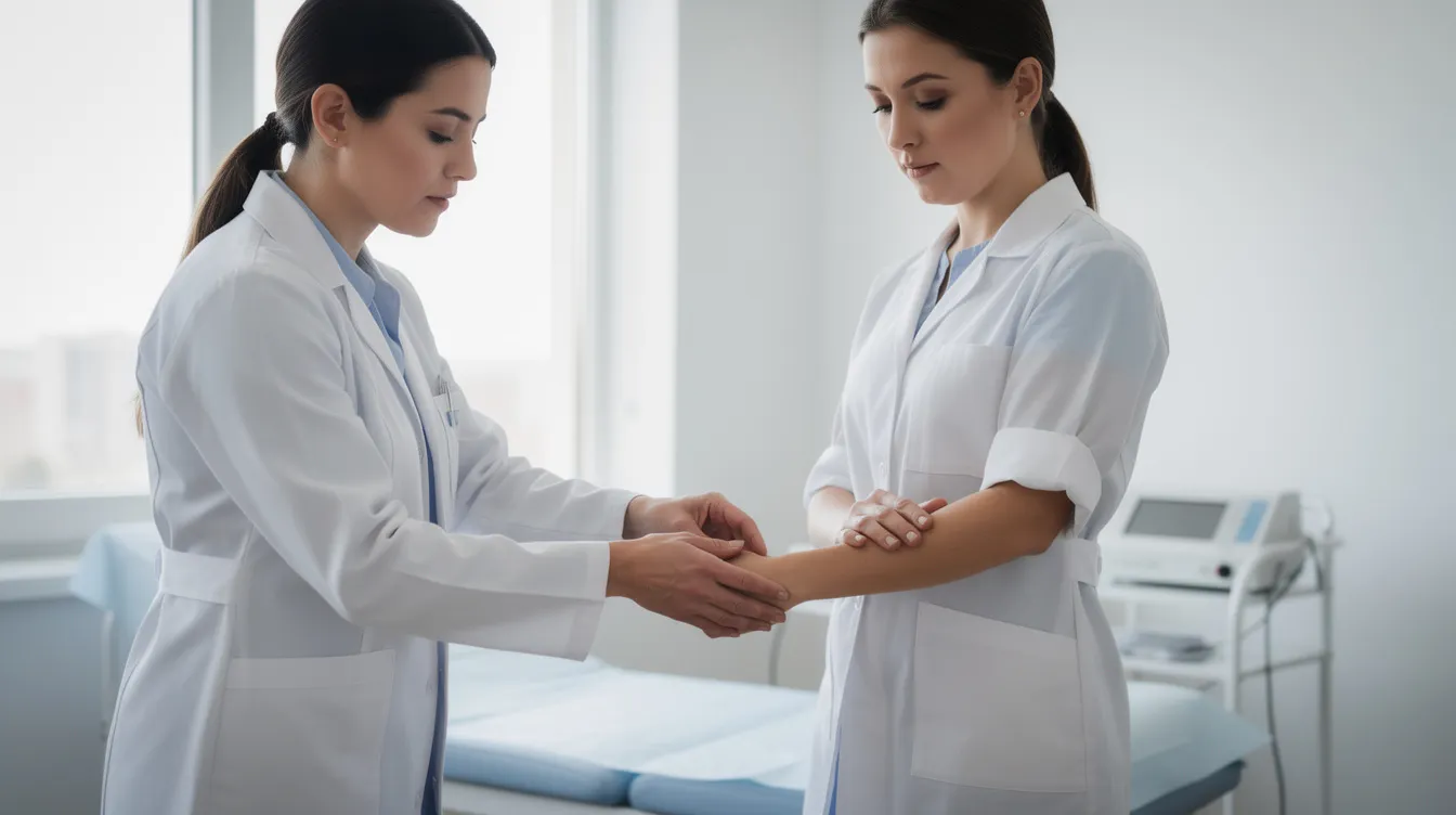 A medical professional is carefully examining a patient's arm in a clinical setting, likely assessing for any workplace injury or serious injuries that may have occurred. This encounter highlights the importance of medical treatment and documentation for injured workers seeking workers compensation benefits.