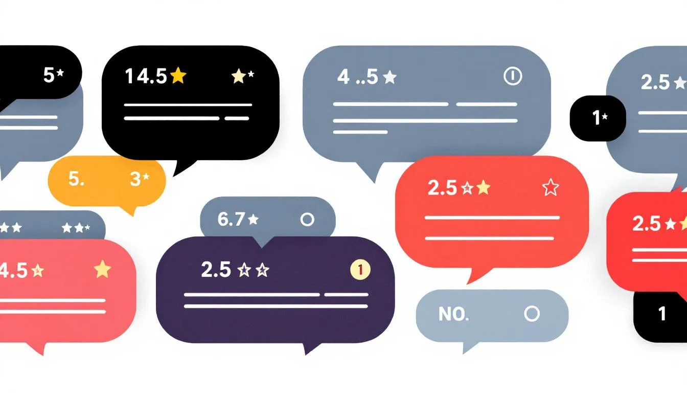 The image features various chat bubbles displaying different ratings out of 5 stars, symbolizing user reviews from people. These ratings represent how small business owners talk about their choice of funding, highlighting their unique needs and the trust they place in financing options to help their businesses grow longer.