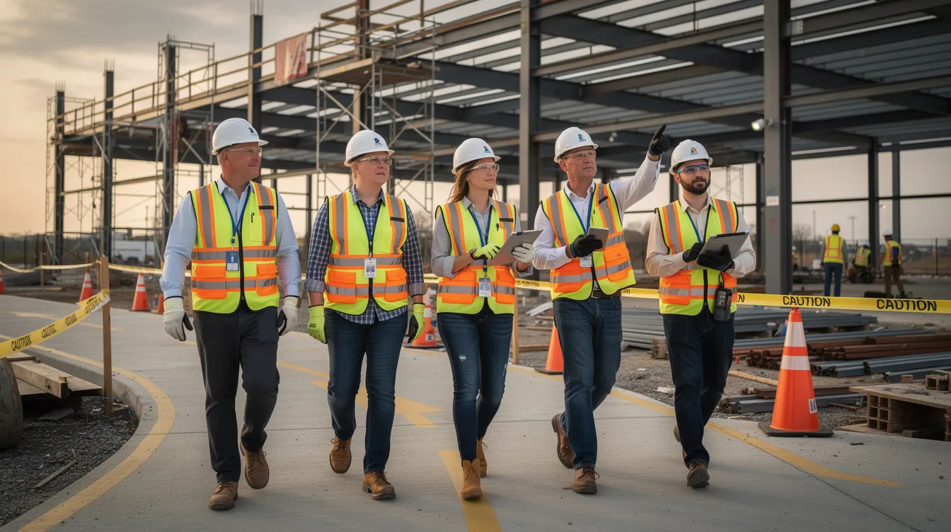 A construction safety team, dressed in hard hats and high-visibility vests, is conducting a thorough jobsite walkthrough to ensure worker safety and compliance on the construction site. This proactive approach highlights the importance of safety management in construction projects, leveraging both human expertise and new technologies to reduce risks and improve operational efficiency.