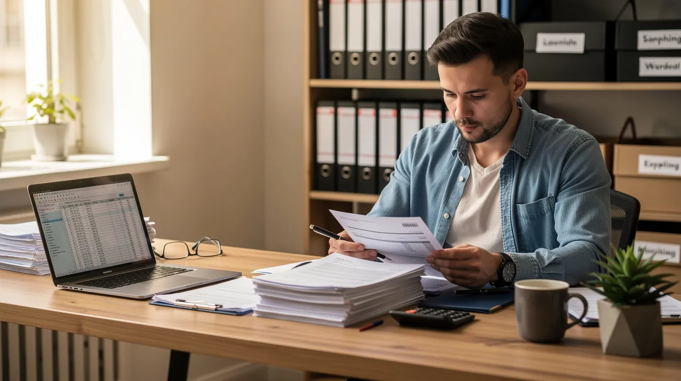 A small business owner is seated at a desk, surrounded by documents and paperwork, carefully reviewing their business plan and financial statements. The image conveys a sense of diligence as they prepare for a mudra loan application, ensuring all necessary business details and eligibility criteria are met for loan approval.