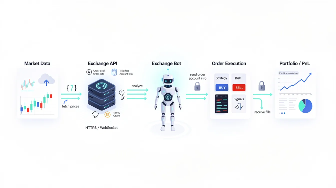 The image depicts a workflow visualization of an automated trading bot connecting to a cryptocurrency exchange API, illustrating how market makers utilize predefined rules to analyze market data and execute buy and sell orders in real-time. This innovative approach enhances liquidity and performance in the crypto market, benefiting traders and investors alike.