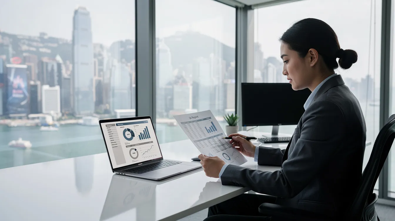 The image shows a person sitting at a modern desk in a Hong Kong office, intently reviewing financial documents on a laptop. The workspace is sleek and organized, reflecting a professional atmosphere where discussions about 清 數 and financial solutions may take place.