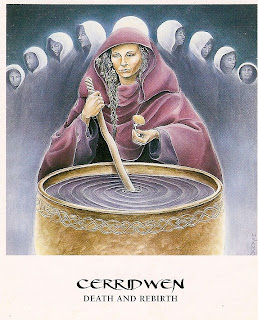 The crone goddess brewing a potion in her cauldron with the moon phases illuminated behind her.