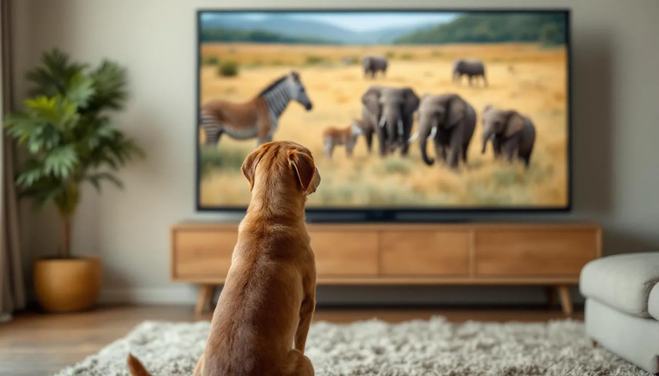 A dog sits attentively in front of a TV screen displaying wildlife footage, showcasing various animals in their natural habitat. This scene illustrates how many dogs enjoy watching TV, particularly nature documentaries featuring real animals, capturing the dog